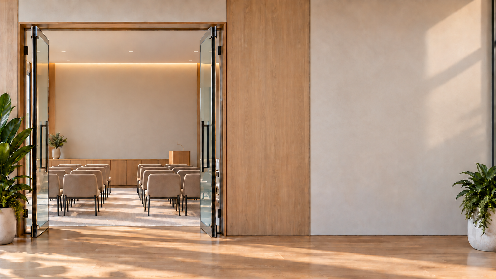 Bright office with plants, open glass double doors into a presentation room with rows of seats and a side lectern, a room schedule tablet and a large wall display.